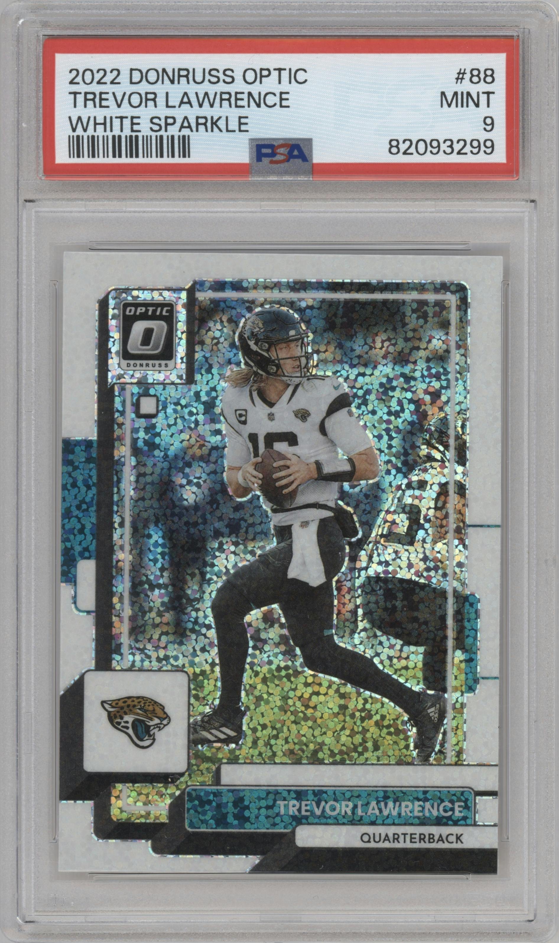 Trevor Lawrence from the 2022 Panini Donruss Optic set featuring a White Sparkle parallel graded by PSA and given an overall grade of 9.