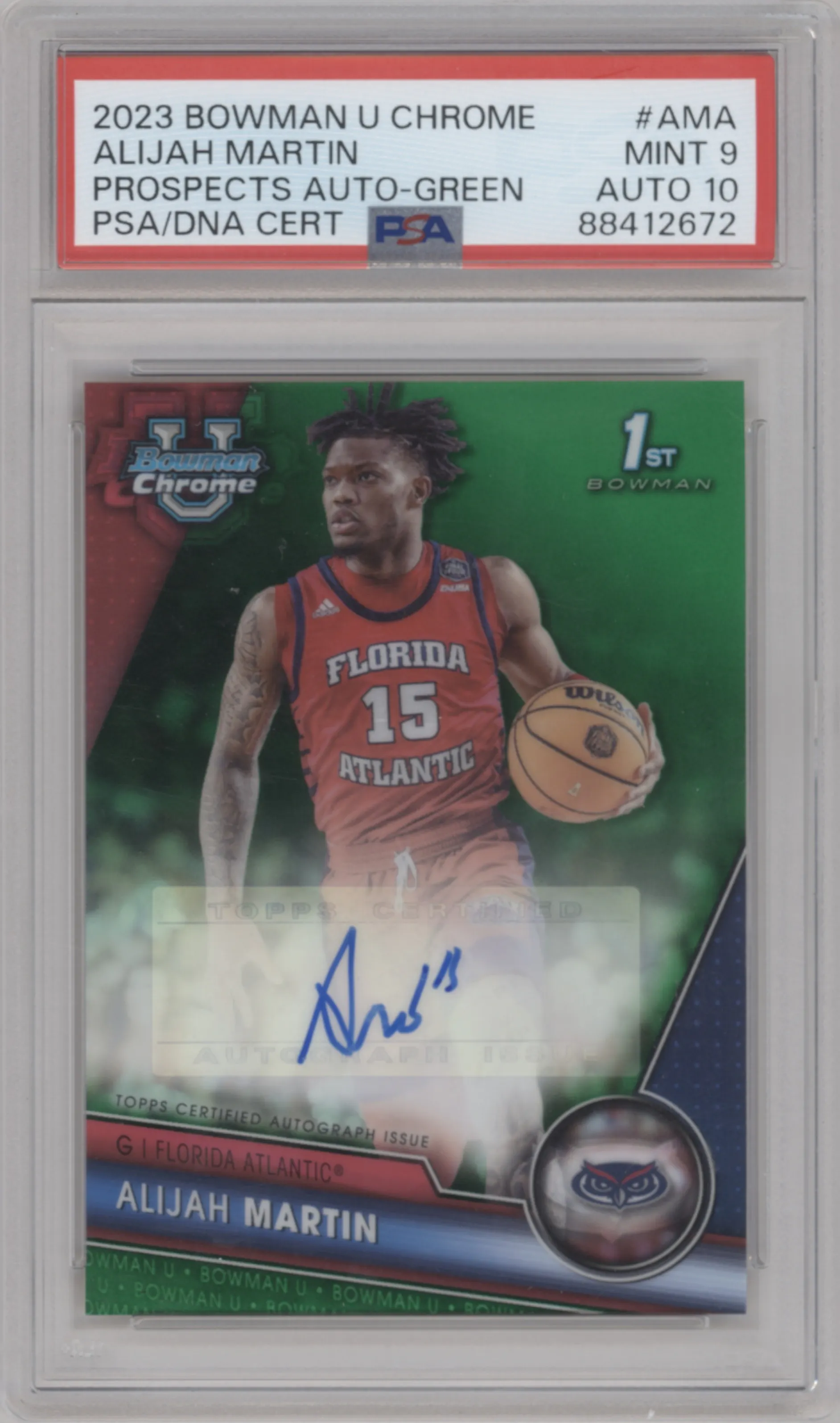2023 Bowman U Chrome Pros.Auto Alijah Martin Green Refractor #BCPA-AMA PSA 9