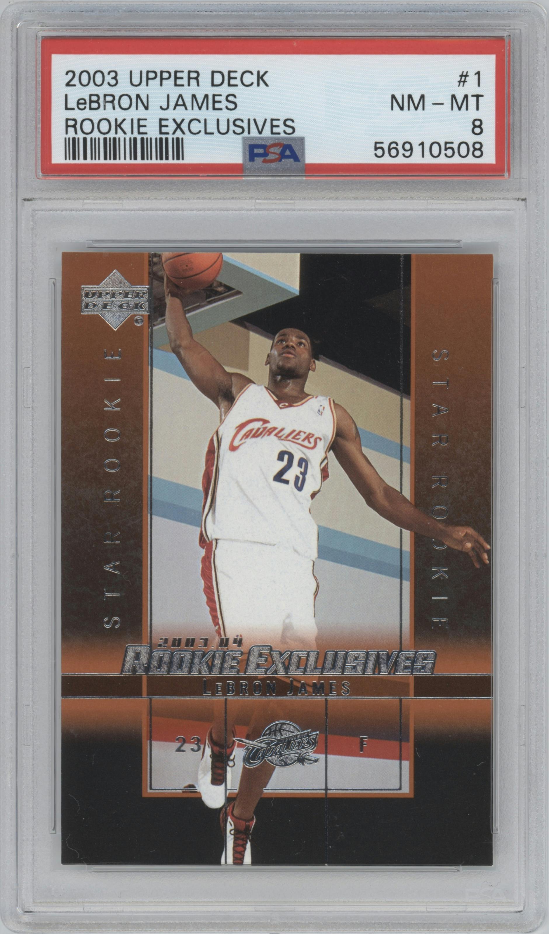 LeBron James from the 2003-04 Upper Deck set graded by PSA and given an overall grade of 8.