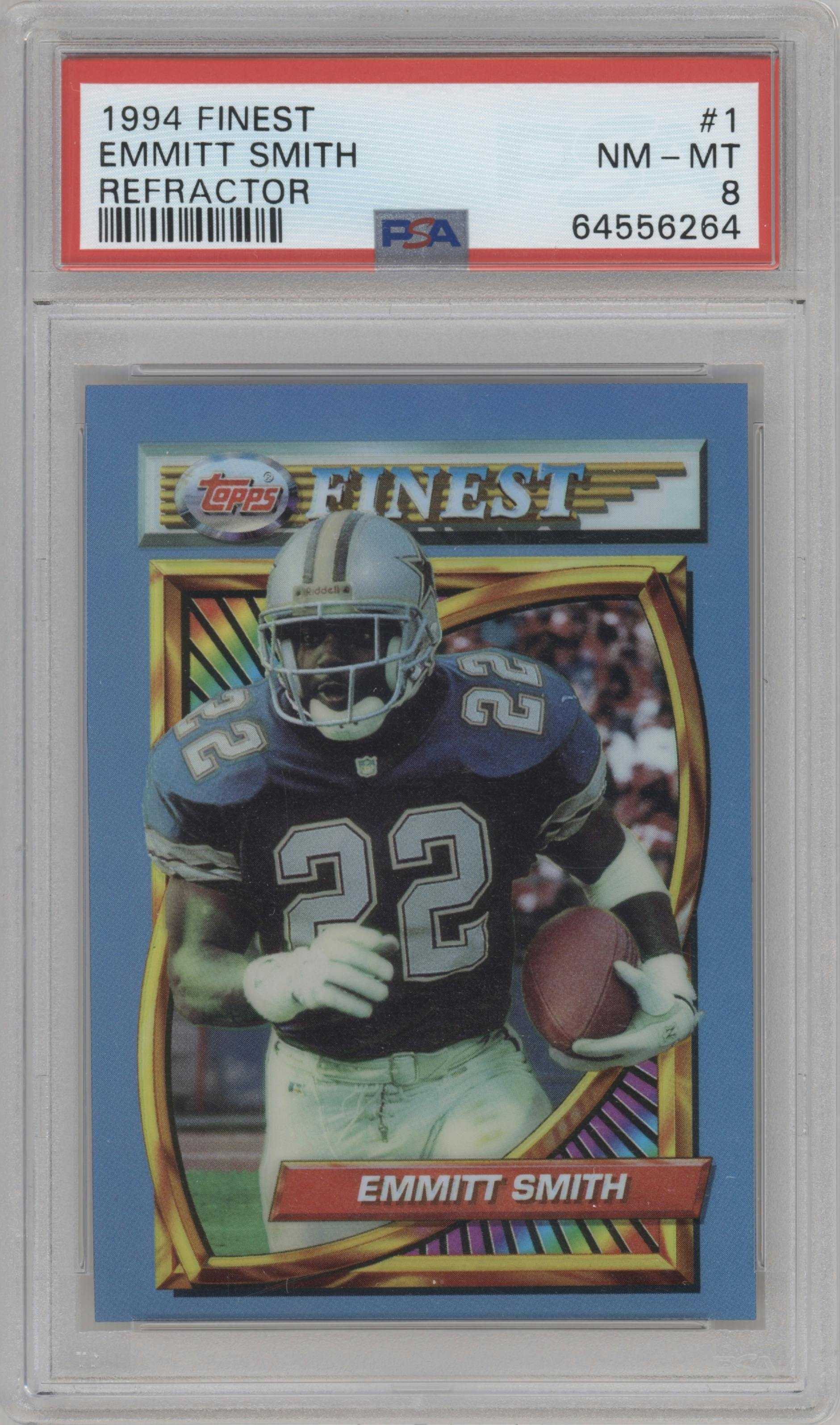 Emmitt Smith from the 1994 Topps Finest set featuring a Refractor parallel graded by PSA and given an overall grade of 8.