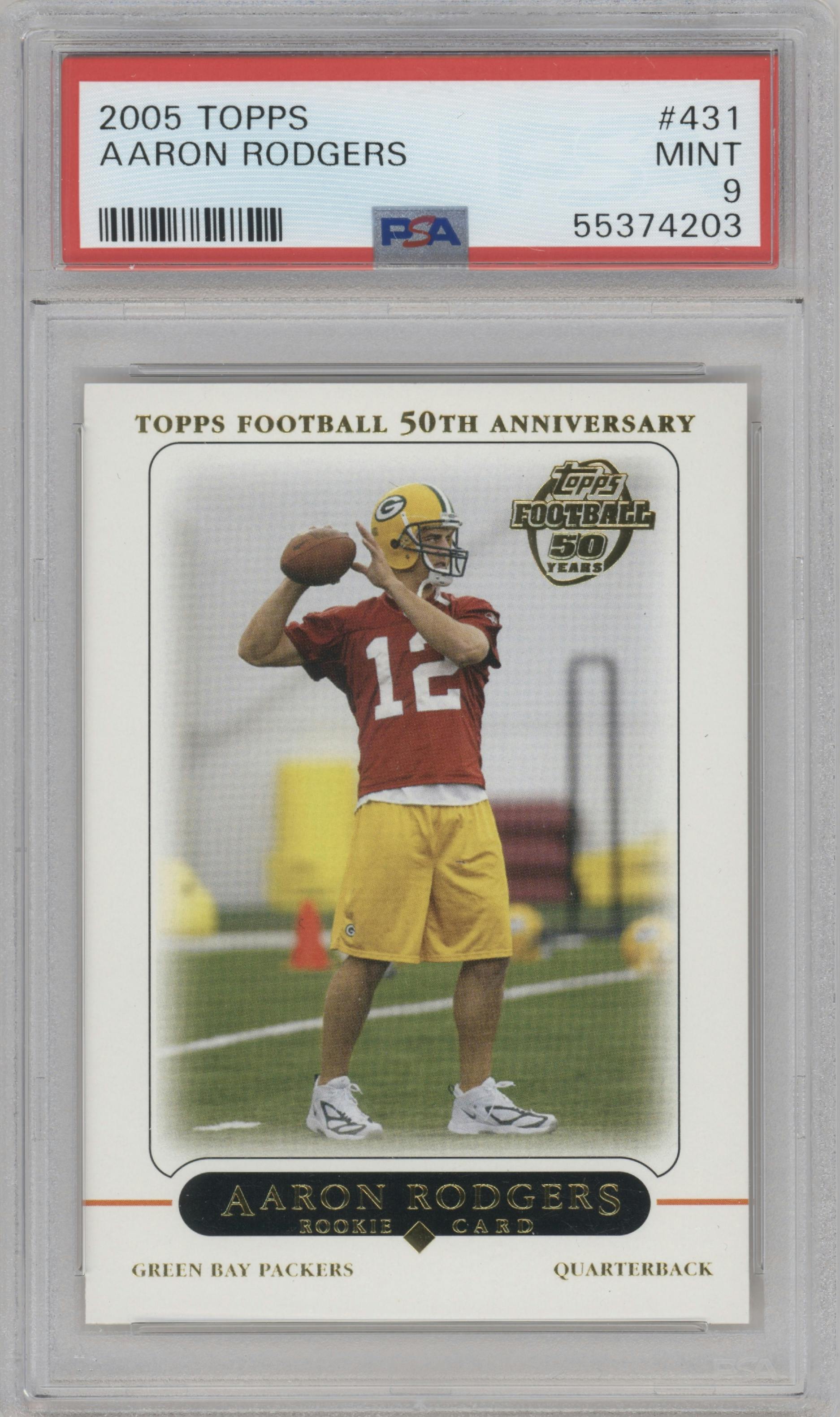 Aaron Rodgers from the 2005 Topps set graded by PSA and given an overall grade of 9.