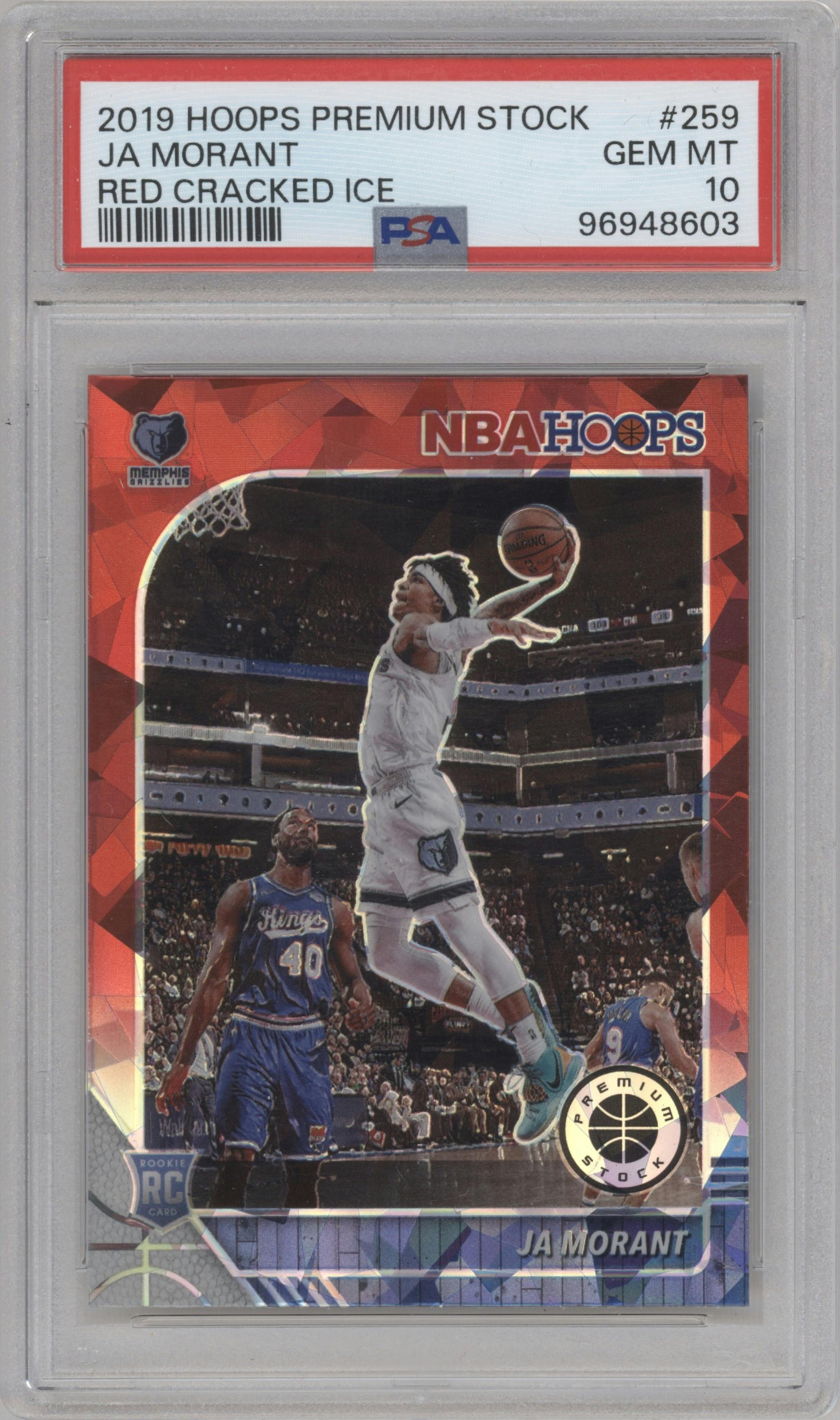 Ja Morant from the 2019-20 Panini Hoops Premium Stock set featuring a Red Cracked Ice parallel graded by PSA and given an overall grade of 10.