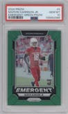 Marvin Harrison Jr. from the 2024 Panini Prizm set featuring a Green Prizm parallel graded by PSA and given an overall grade of 10.
