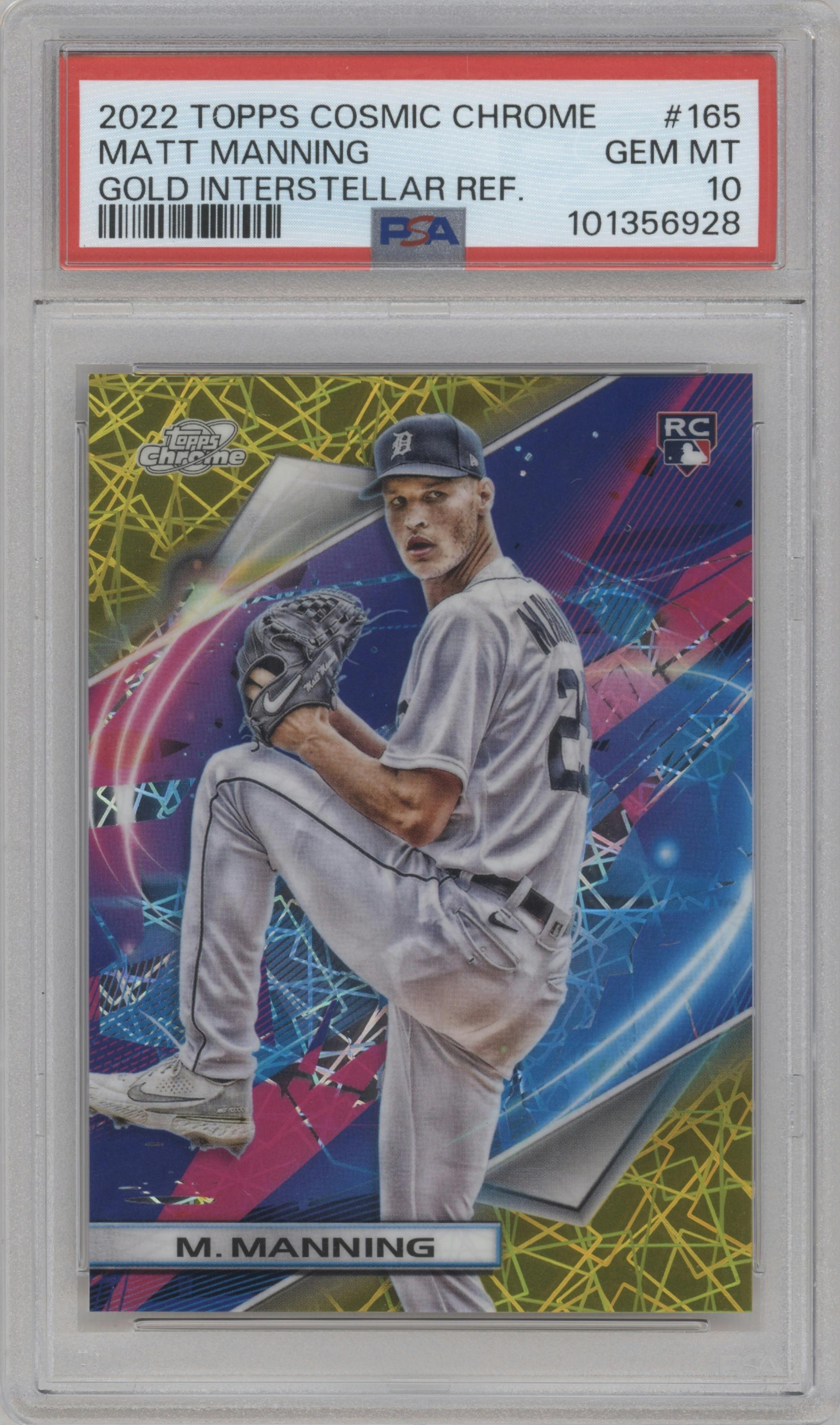 Matt Manning from the 2022 Topps Cosmic Chrome set featuring a Gold Interstellar Refractor parallel graded by PSA and given an overall grade of 10.