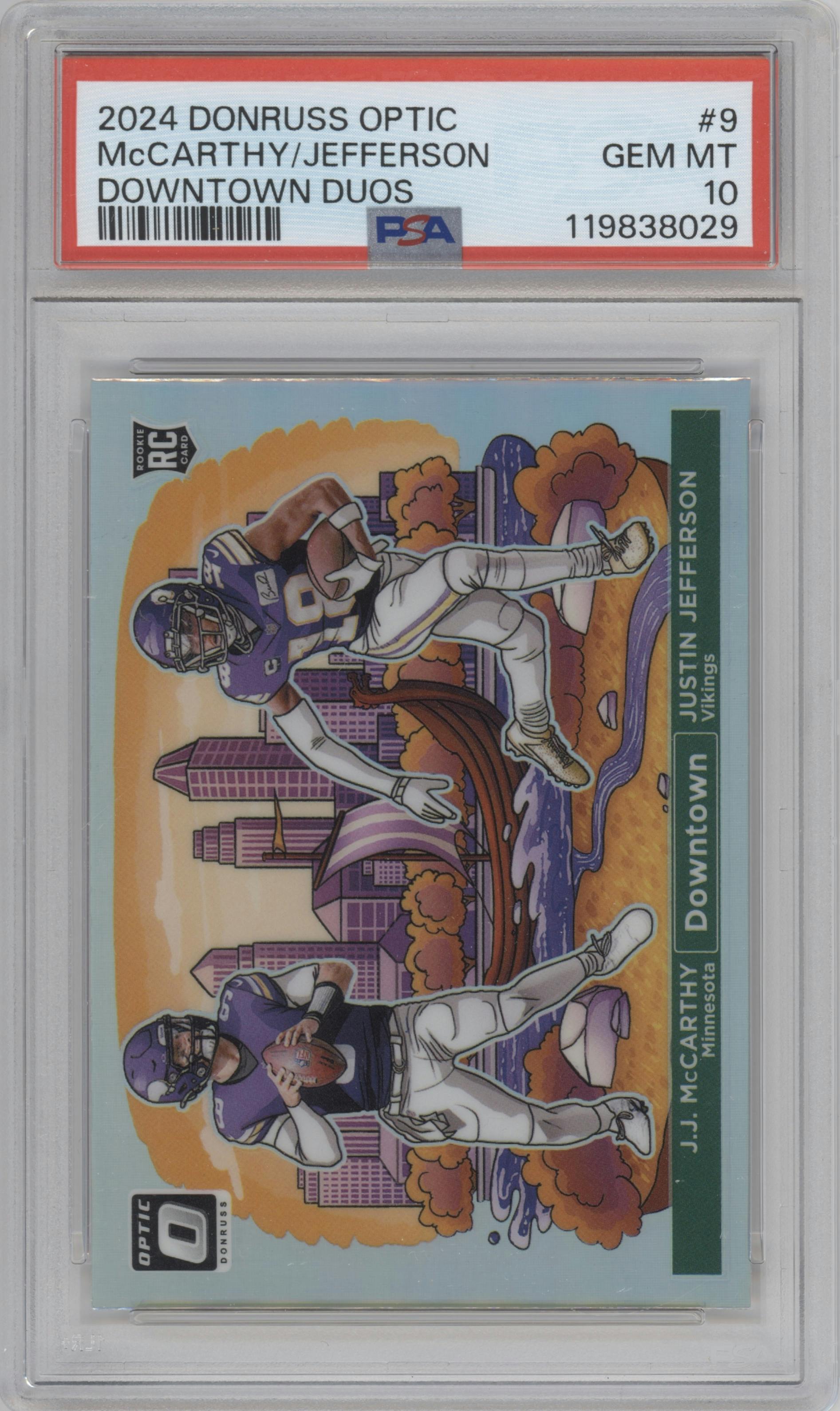 J.J. McCarthy/Justin Jefferson from the 2024 Donruss Optic set graded by PSA and given an overall grade of 10.