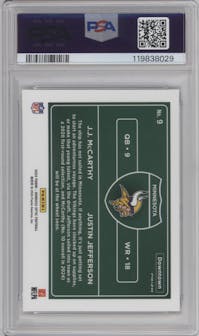 J.J. McCarthy/Justin Jefferson from the 2024 Donruss Optic set graded by PSA and given an overall grade of 10.