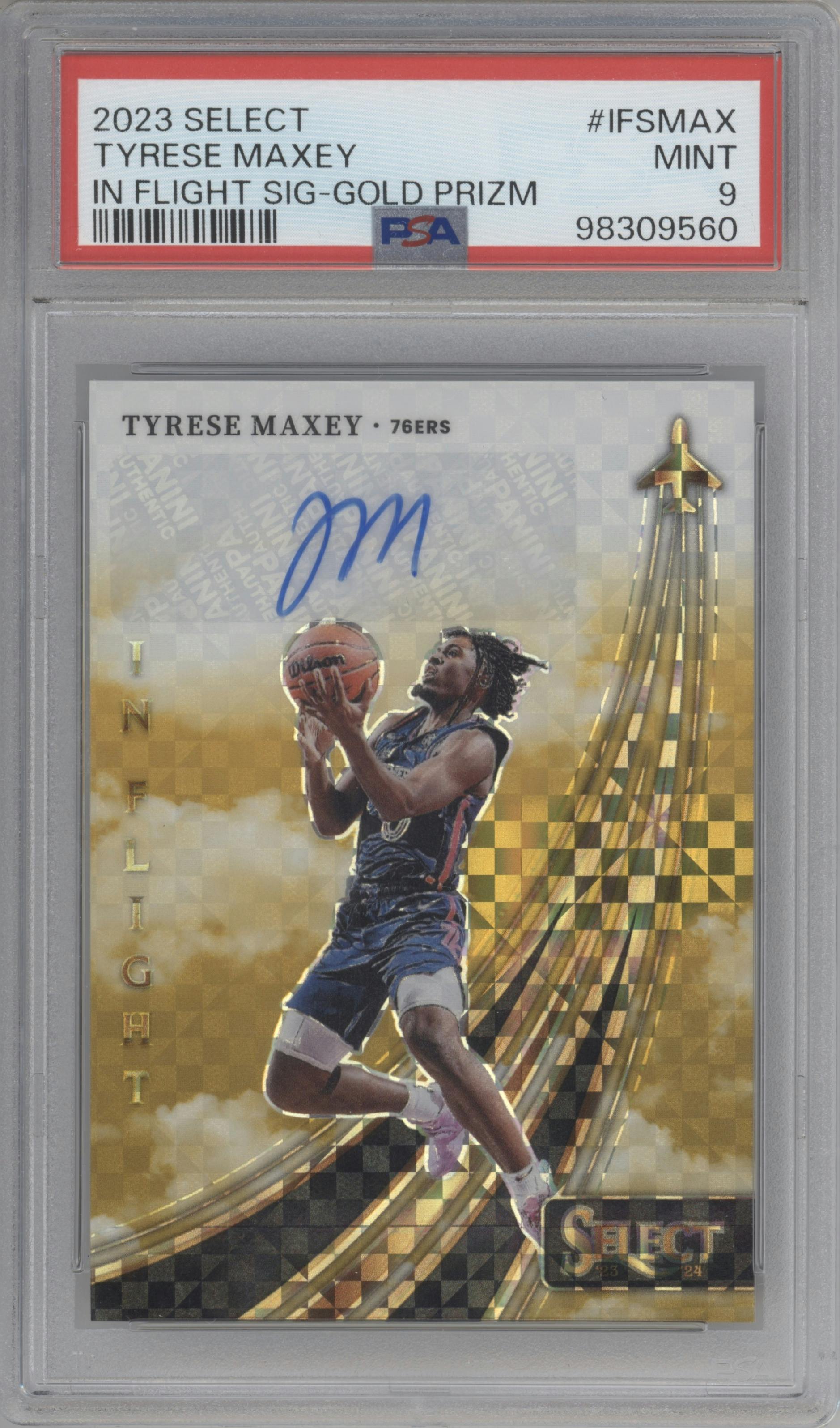 Tyrese Maxey from the 2023-24 Panini Select  set featuring a Gold Prizm parallel graded by PSA and given an overall grade of 9.