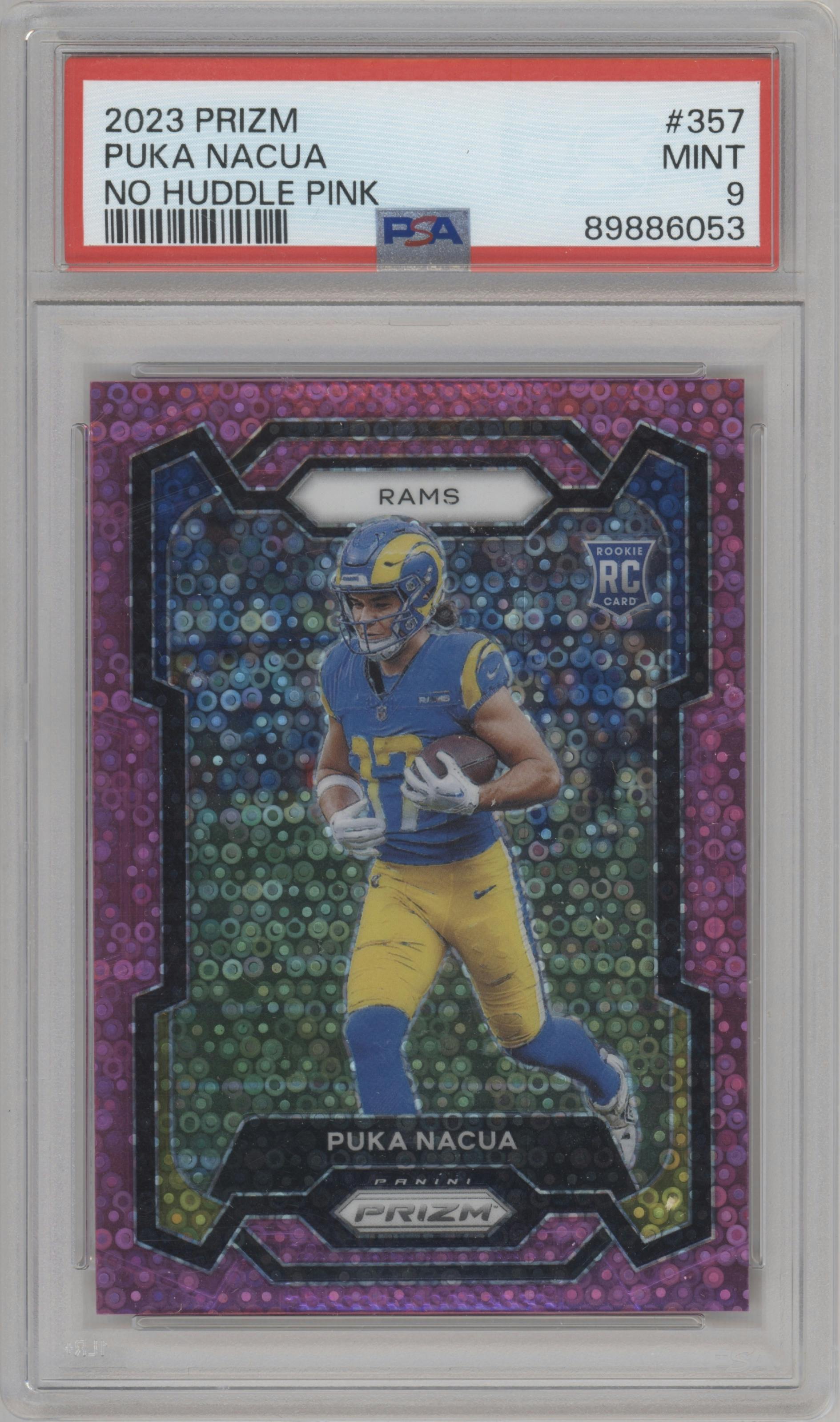 Puka Nacua from the 2023 Panini Prizm set featuring a No Huddle Pink parallel graded by PSA and given an overall grade of 9.