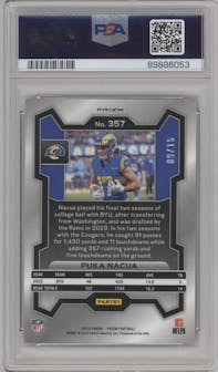 Puka Nacua from the 2023 Panini Prizm set featuring a No Huddle Pink parallel graded by PSA and given an overall grade of 9.