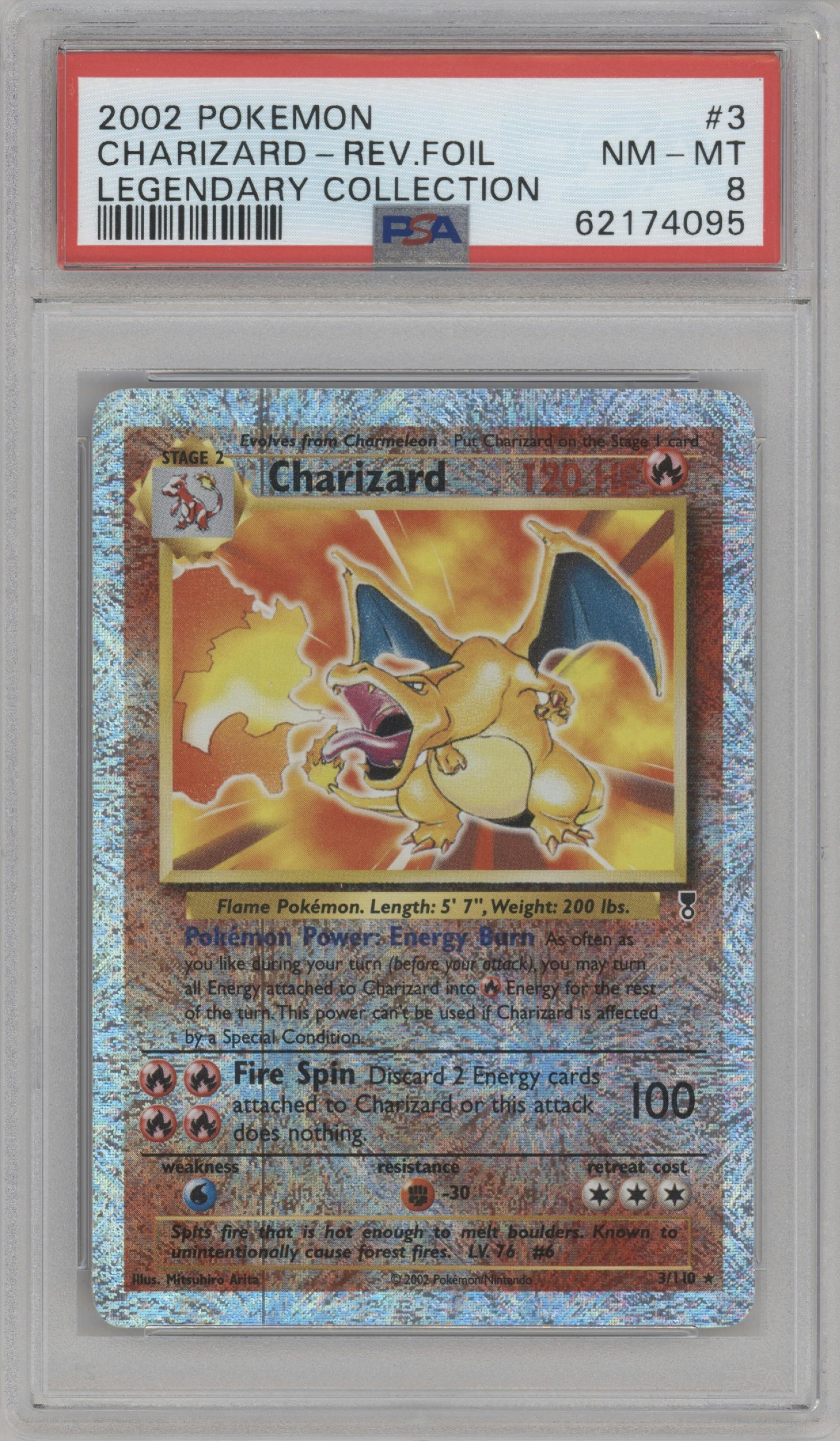 Charizard from the 2002 Pokemon  set graded by PSA and given an overall grade of 8.