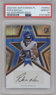 Puka Nacua from the 2023 Wild Card Auto Mania Pro-Look set featuring a Gold parallel graded by PSA and given an overall grade of 10.