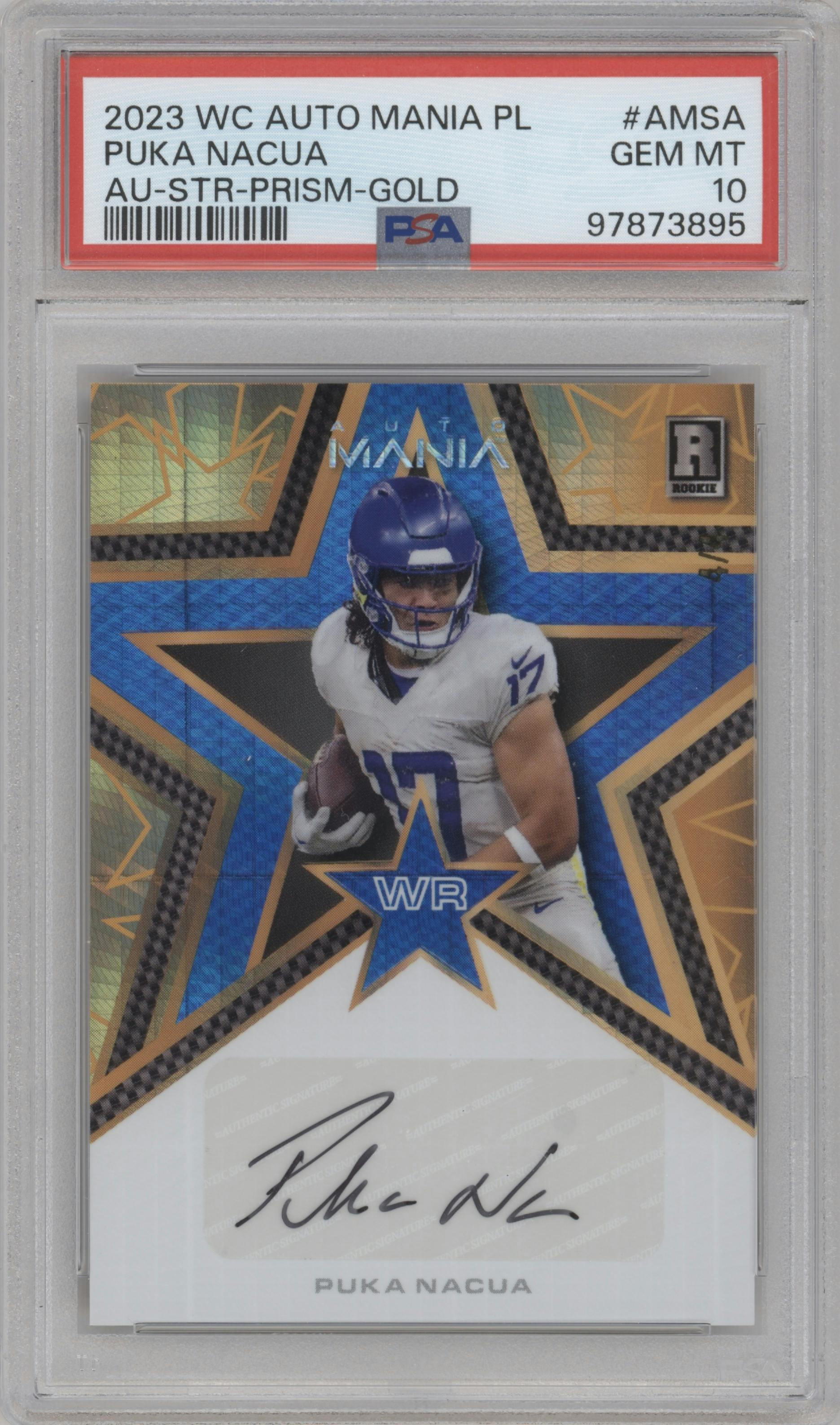 Puka Nacua from the 2023 Wild Card Auto Mania Pro-Look set featuring a Gold parallel graded by PSA and given an overall grade of 10.