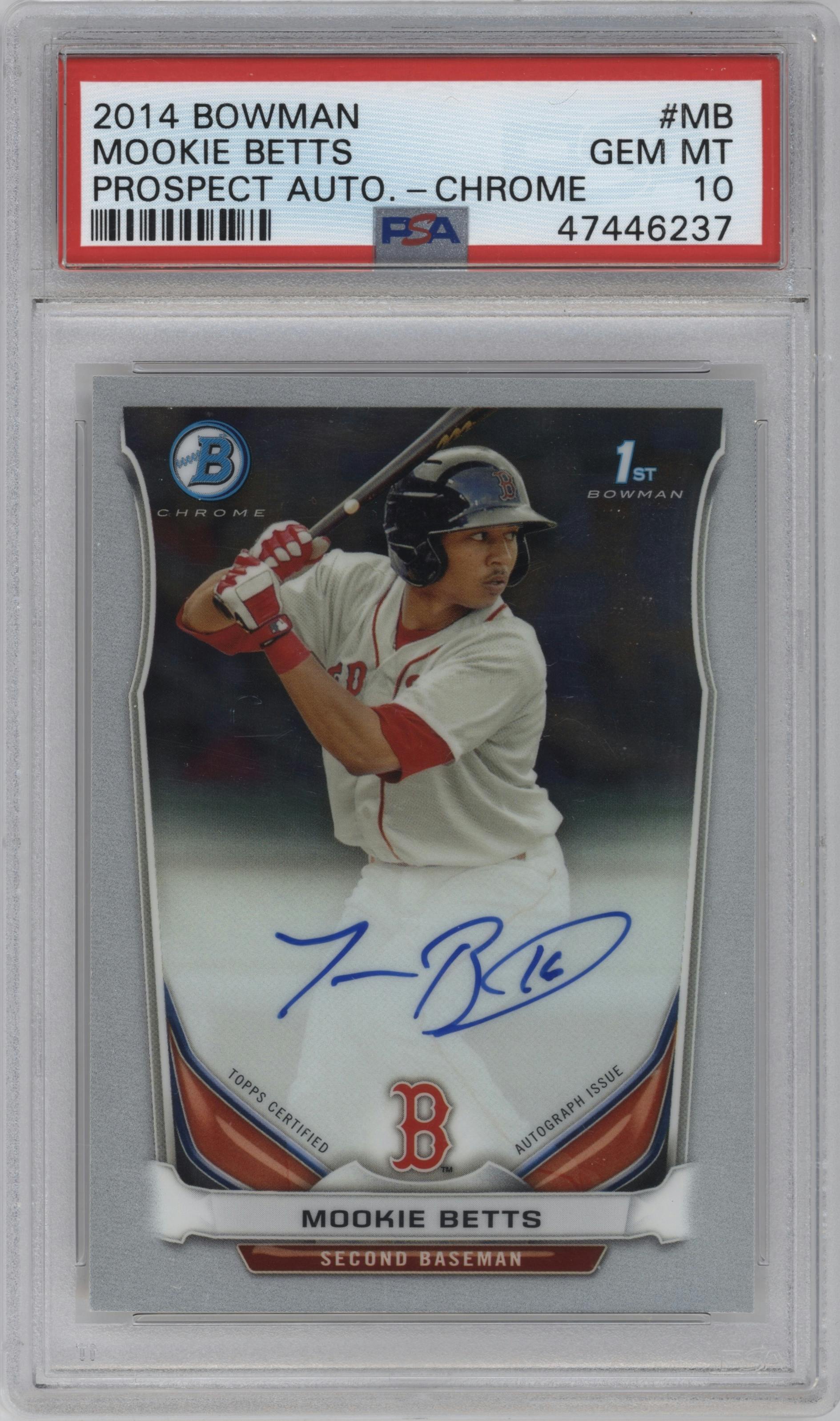 Mookie Betts from the 2014 Bowman set graded by PSA and given an overall grade of 10.