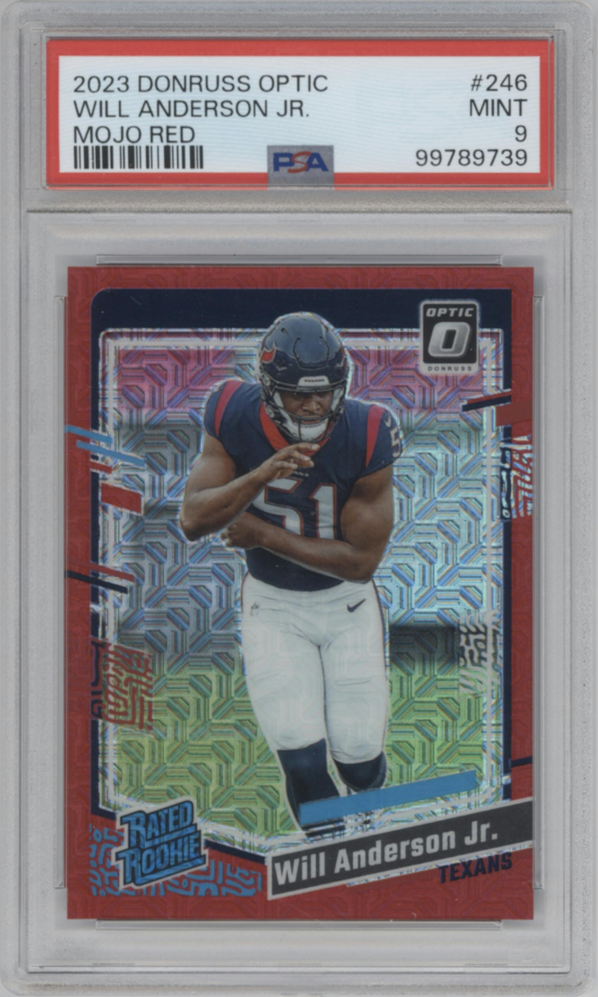 Will Anderson Jr. from the 2023 Donruss Optic set featuring a Red Mojo  parallel graded by PSA and given an overall grade of 9.