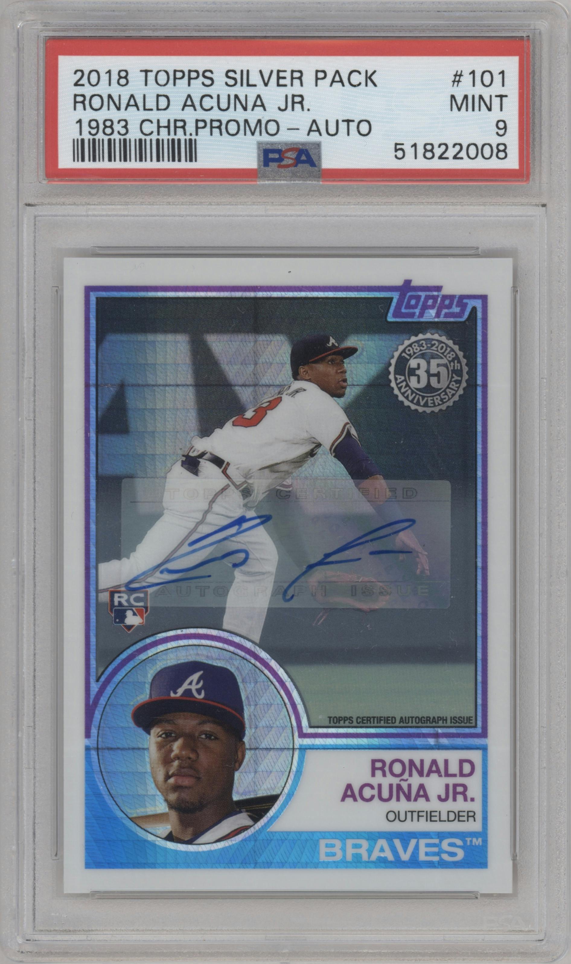 Ronald Acuna Jr. from the 2018 Topps Silver Pack  set graded by PSA and given an overall grade of 9.