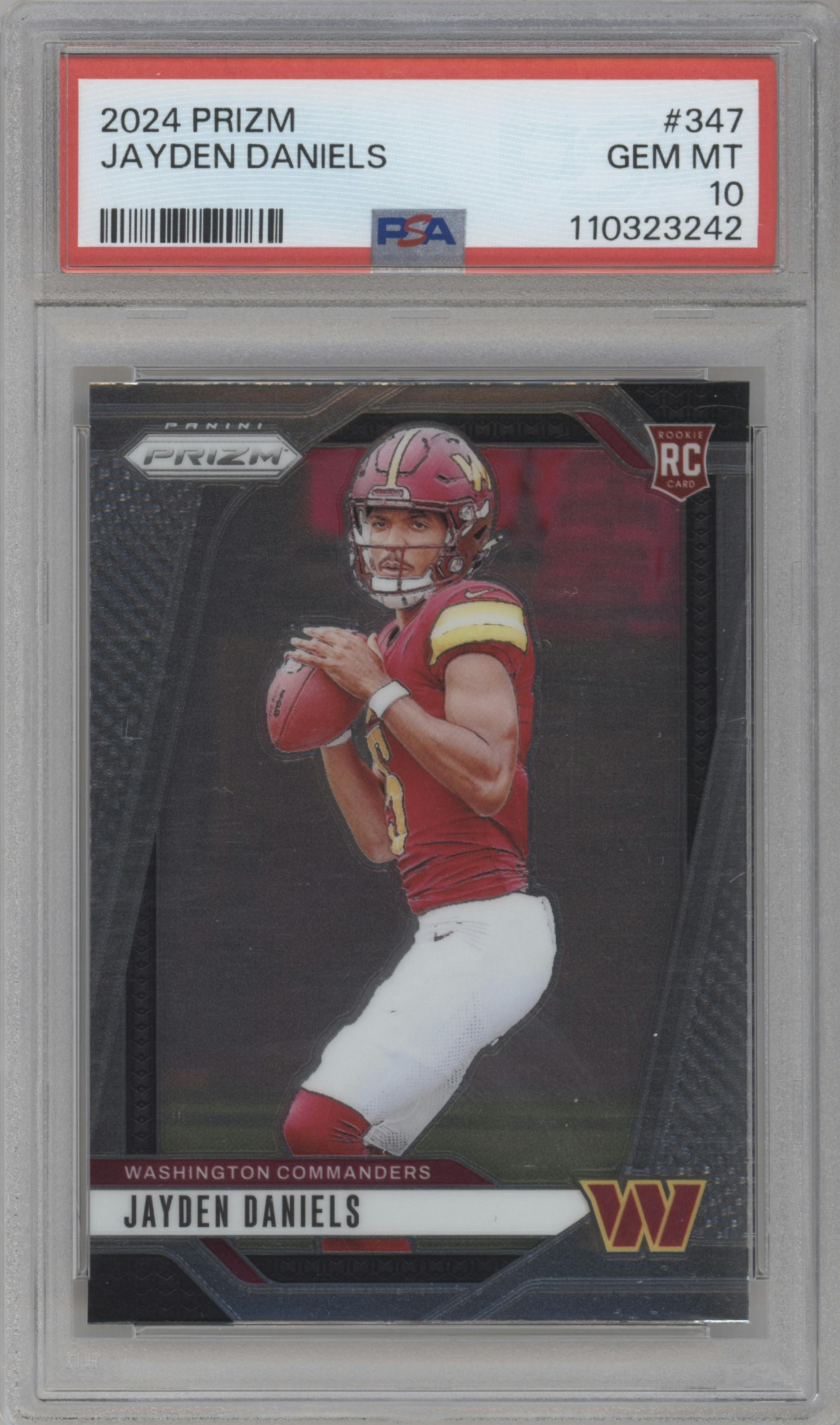 Jayden Daniels from the 2024 Panini Prizm set graded by PSA and given an overall grade of 10.