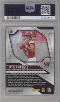Jayden Daniels from the 2024 Panini Prizm set graded by PSA and given an overall grade of 10.