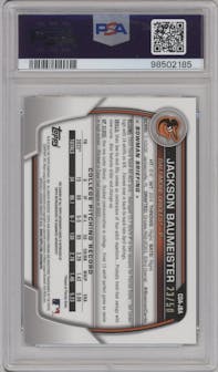 Jackson Baumeister from the 2023 Bowman Draft set featuring a Gold Wave Refractor parallel graded by PSA and given an overall grade of 10.