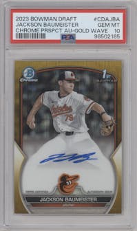 Jackson Baumeister from the 2023 Bowman Draft set featuring a Gold Wave Refractor parallel graded by PSA and given an overall grade of 10.