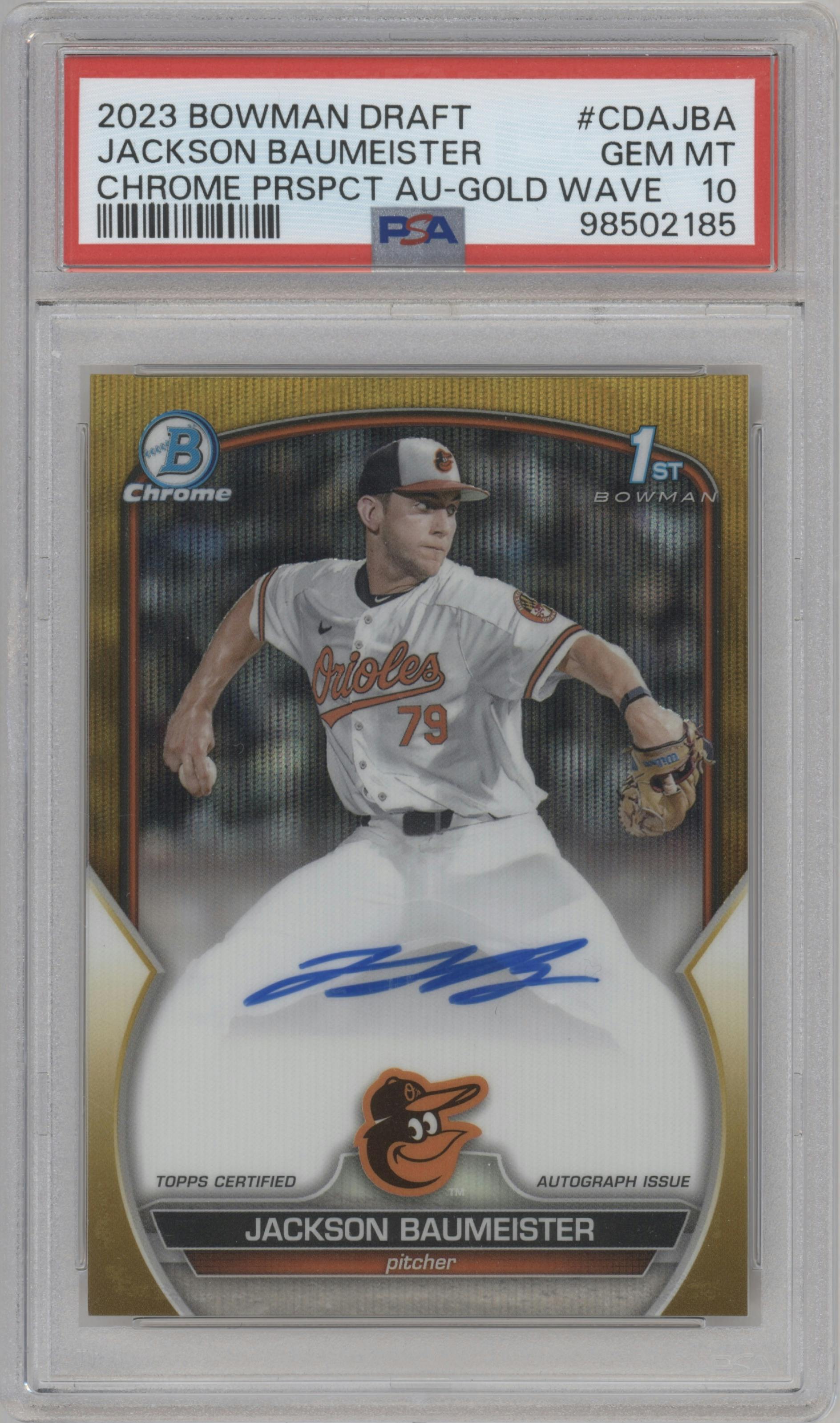 Jackson Baumeister from the 2023 Bowman Draft set featuring a Gold Wave Refractor parallel graded by PSA and given an overall grade of 10.