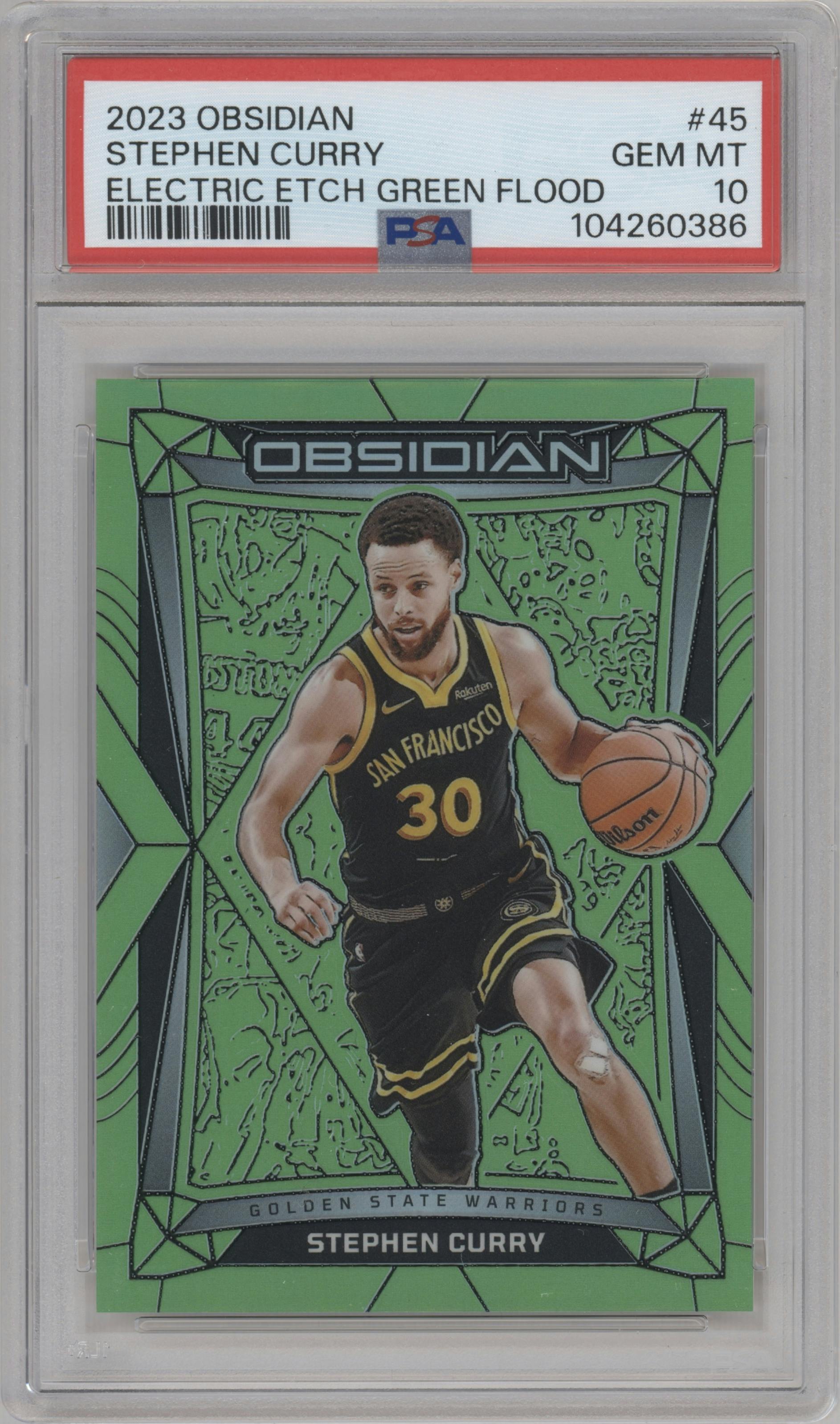Stephen Curry from the 2023-24 Panini Obsidian set featuring a Electric Etch Green Flood parallel graded by PSA and given an overall grade of 10.