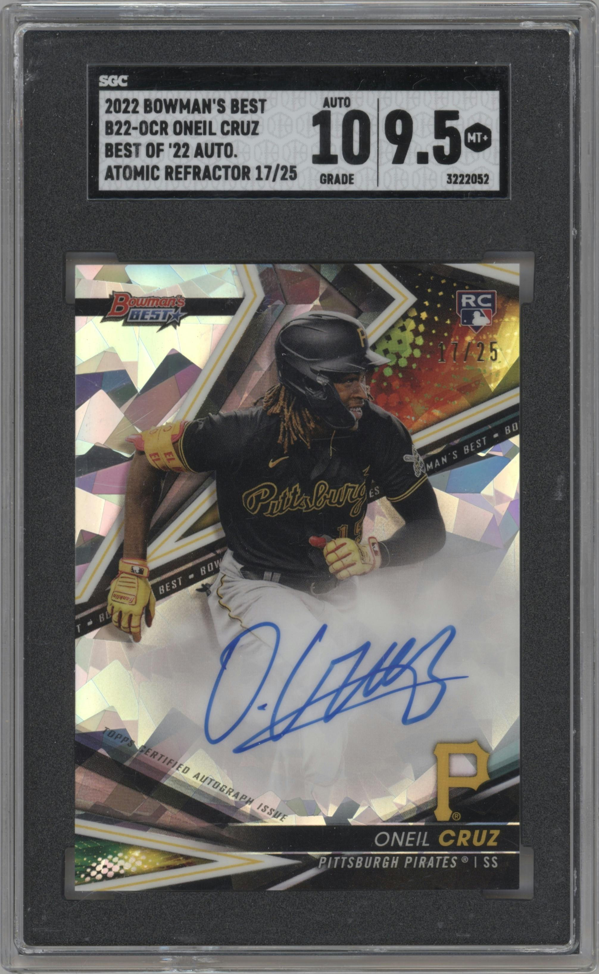 Oneil Cruz from the 2022 Bowman’s Best   set featuring a Atomic Refractor parallel graded by SGC and given an overall grade of 9.5.