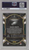Jalen Hurts from the 2020 Panini Select set featuring a Silver Prizm parallel graded by PSA and given an overall grade of 10.