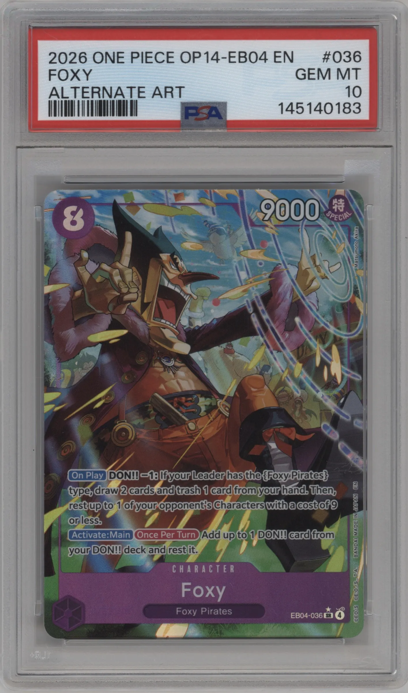 2026 One Piece The Azure Sea's Seven Foxy Alternate Art SR #EB04-036 SR PSA 10