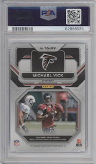 Michael Vick from the 2022 Panini Prizm set featuring a Blue Ice parallel graded by PSA and given an overall grade of 10.