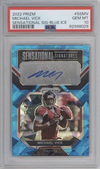Michael Vick from the 2022 Panini Prizm set featuring a Blue Ice parallel graded by PSA and given an overall grade of 10.