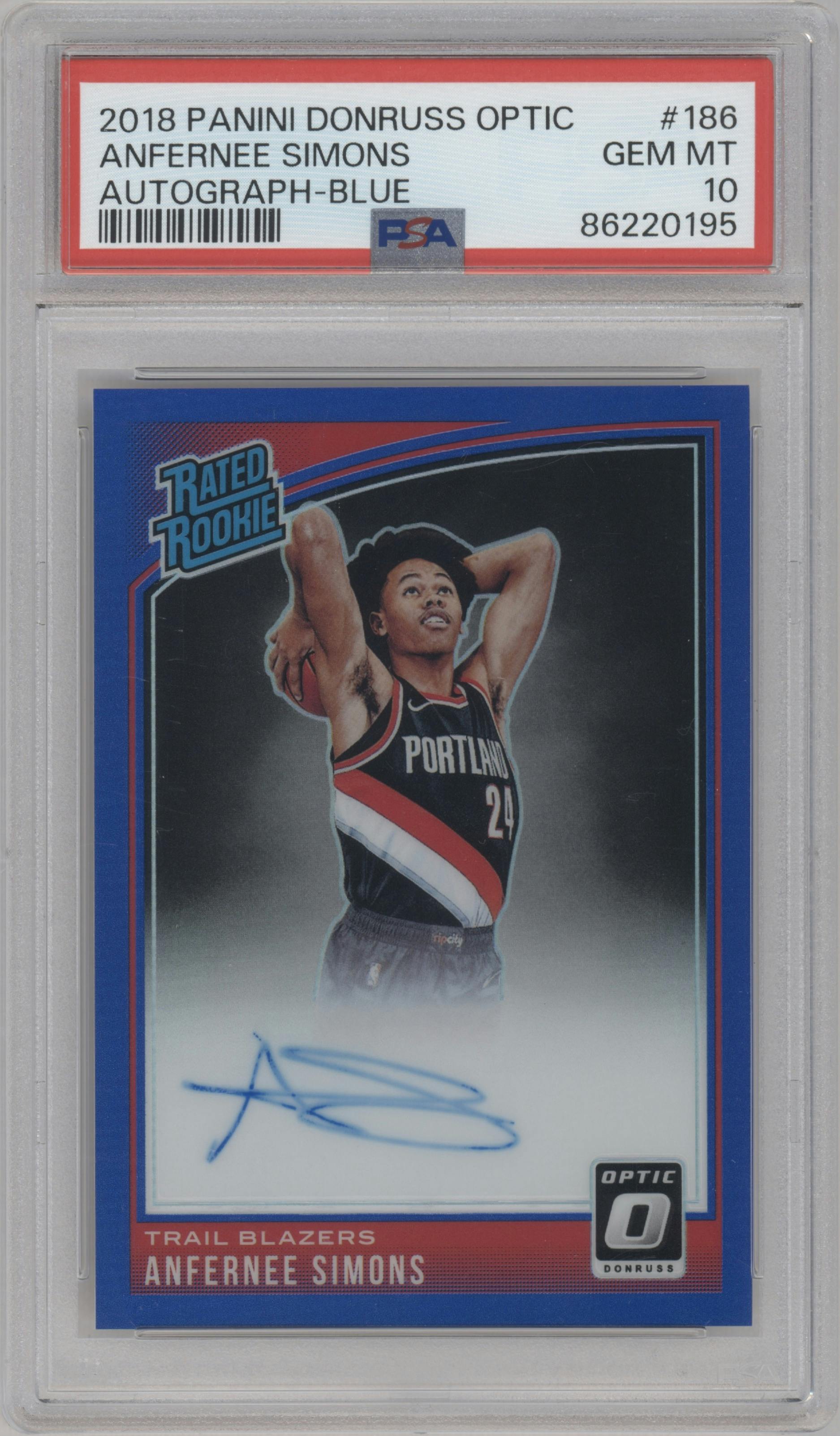 Anfernee Simons from the 2018-19 Panini Donruss Optic set featuring a Blue parallel graded by PSA and given an overall grade of 10.