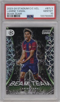 Lamine Yamal from the 2023-24 Stadium Club Chrome UEFA Champions League set graded by PSA and given an overall grade of 10.