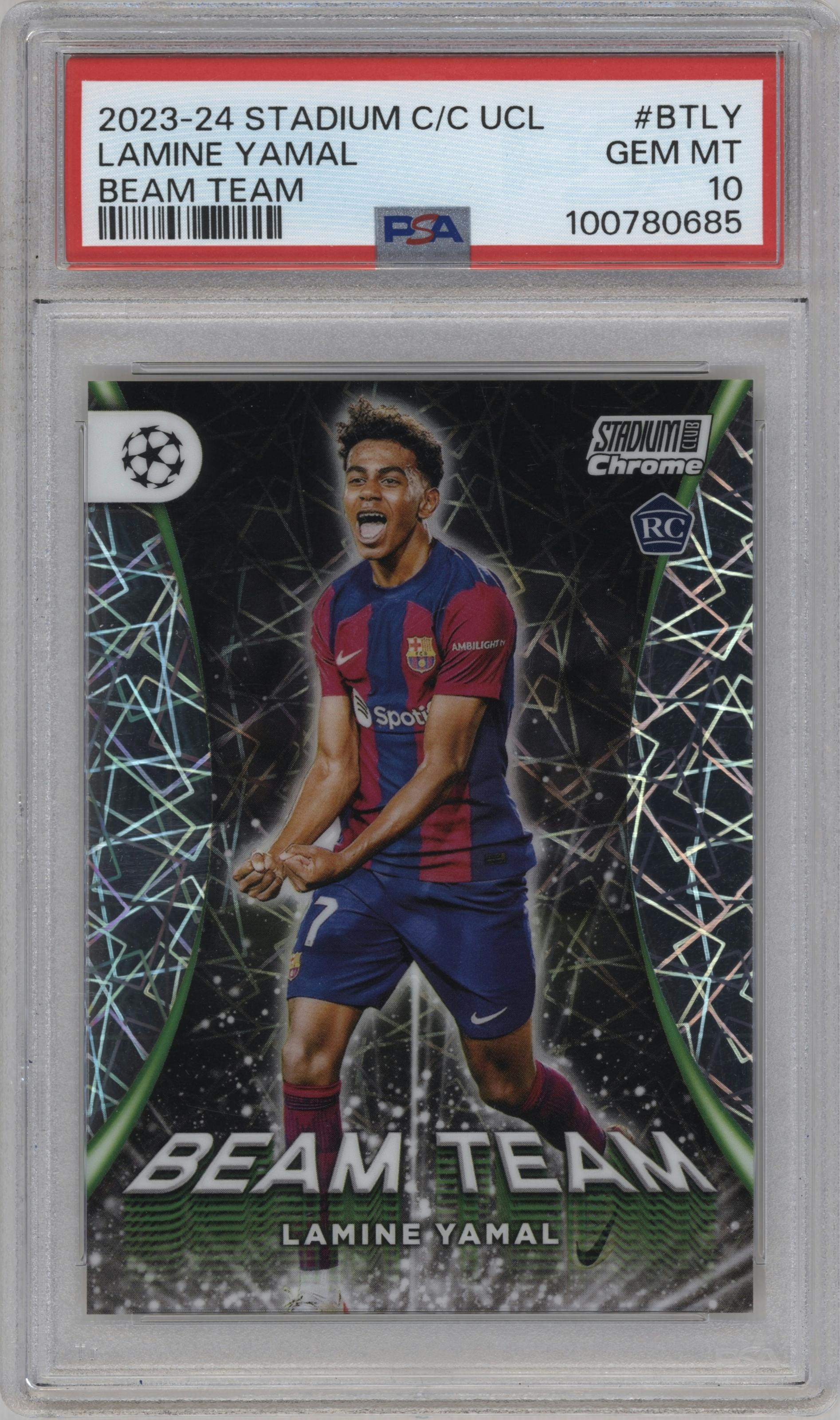 Lamine Yamal from the 2023-24 Stadium Club Chrome UEFA Champions League set graded by PSA and given an overall grade of 10.