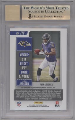 Lamar Jackson from the 2018 Panini Contenders set featuring a Championship Ticket  parallel graded by Beckett and given an overall grade of 9.5.
