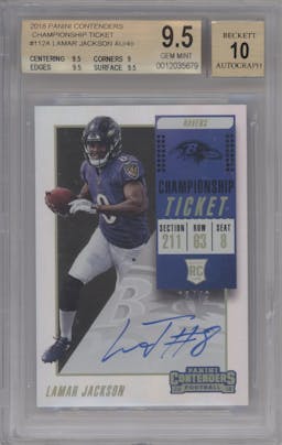 Lamar Jackson from the 2018 Panini Contenders set featuring a Championship Ticket  parallel graded by Beckett and given an overall grade of 9.5.