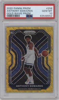 Anthony Edwards from the 2020-21 Panini Prizm set featuring a Gold Wave parallel graded by PSA and given an overall grade of 10.