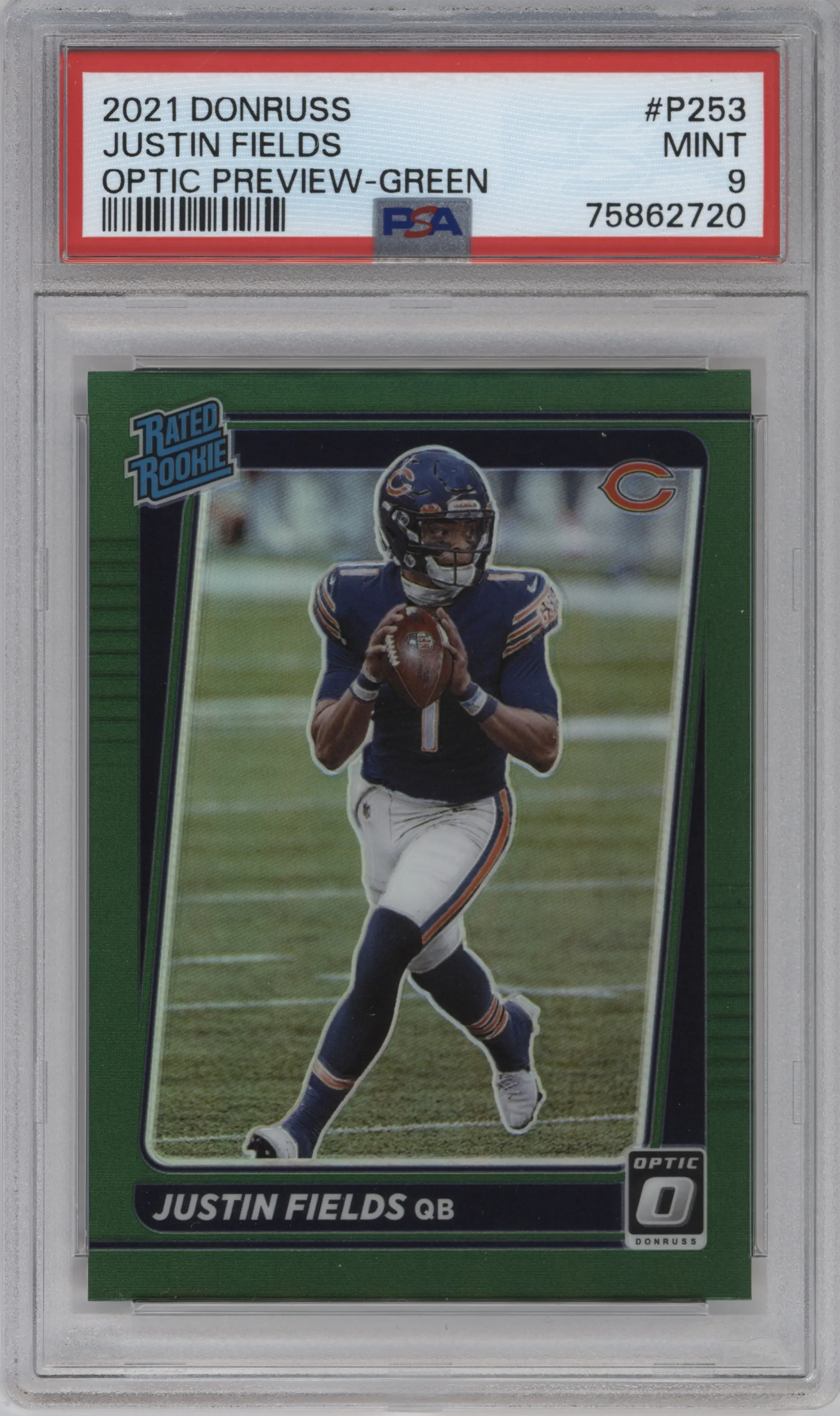 2021 Panini Donruss RR Optic Prev. Justin Fields Green PSA 9