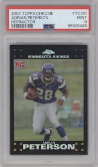 Adrian Peterson from the 2007 Topps Chrome set featuring a Refractor parallel graded by PSA and given an overall grade of 9.