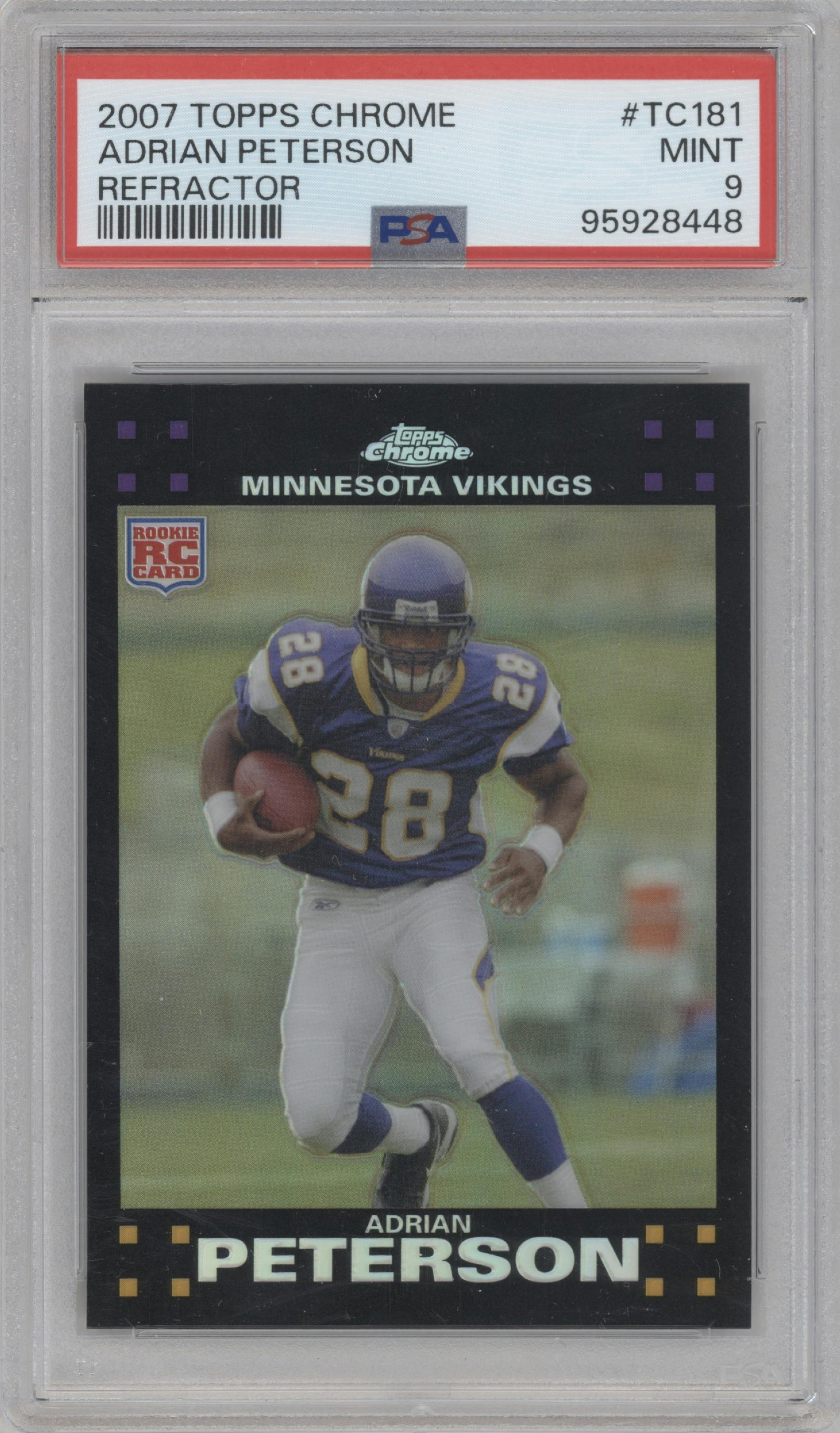 Adrian Peterson from the 2007 Topps Chrome set featuring a Refractor parallel graded by PSA and given an overall grade of 9.