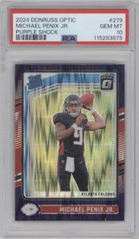 Michael Penix Jr. from the 2024 Donruss Optic set featuring a Purple Shock parallel graded by PSA and given an overall grade of 10.