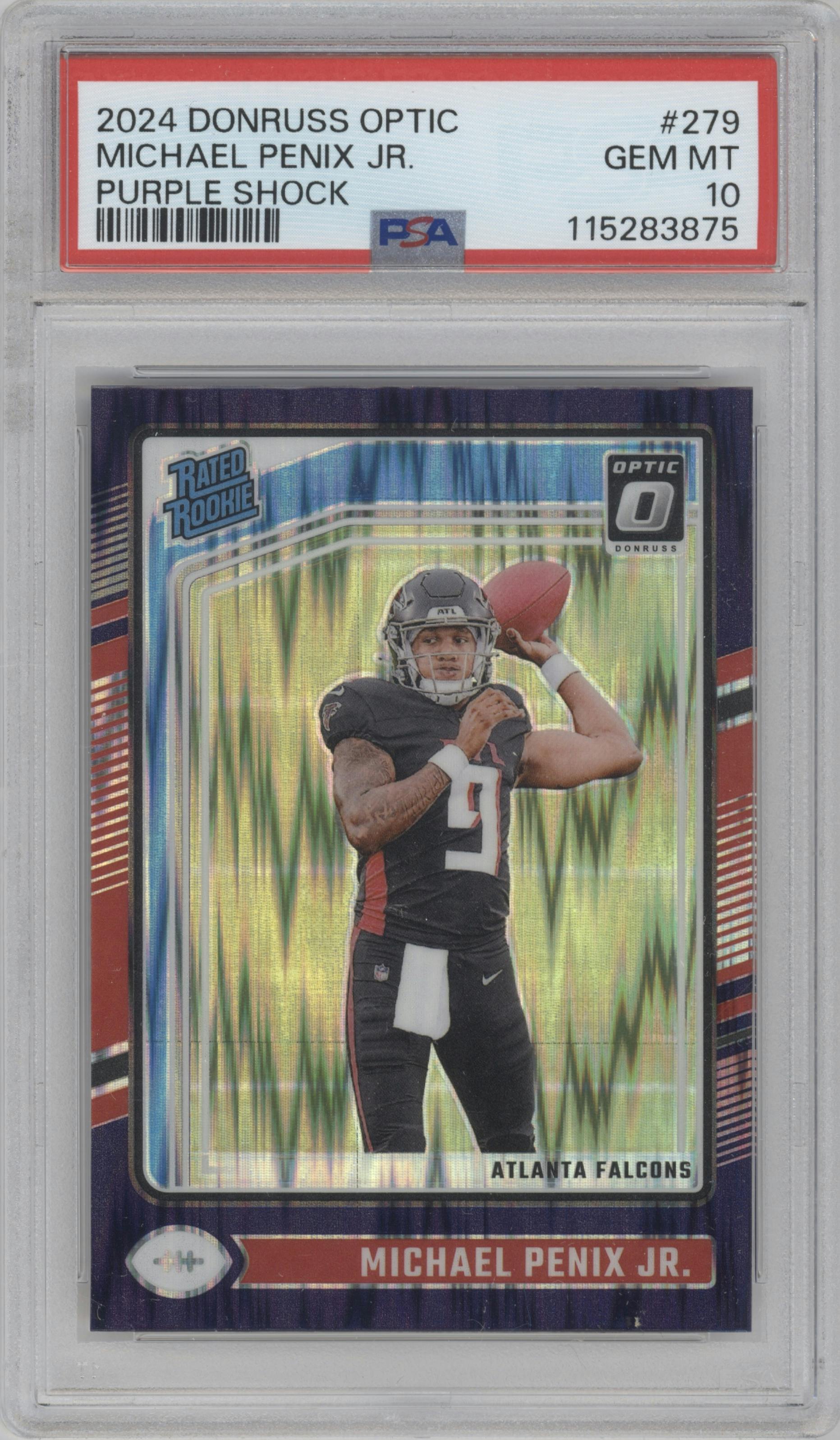 Michael Penix Jr. from the 2024 Donruss Optic set featuring a Purple Shock parallel graded by PSA and given an overall grade of 10.