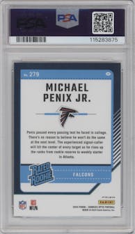 Michael Penix Jr. from the 2024 Donruss Optic set featuring a Purple Shock parallel graded by PSA and given an overall grade of 10.