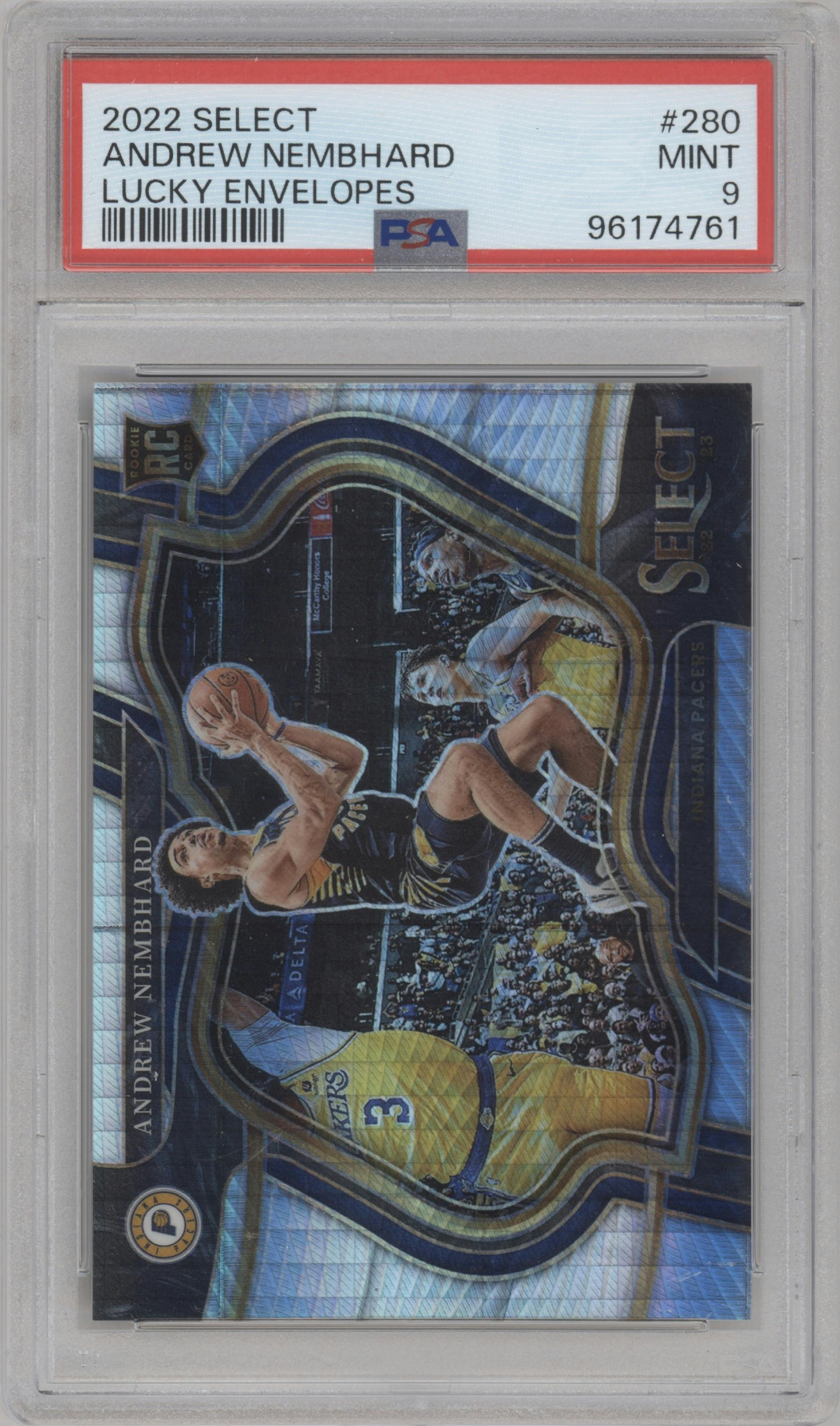 Andrew Nembhard from the 2022-23 Panini Select set featuring a Lucky Envelopes parallel graded by PSA and given an overall grade of 9.