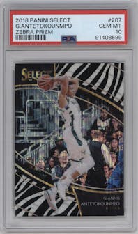 Giannis Antetokounmpo from the 2018-19 Panini Select  set featuring a Zebra parallel graded by PSA and given an overall grade of 10.