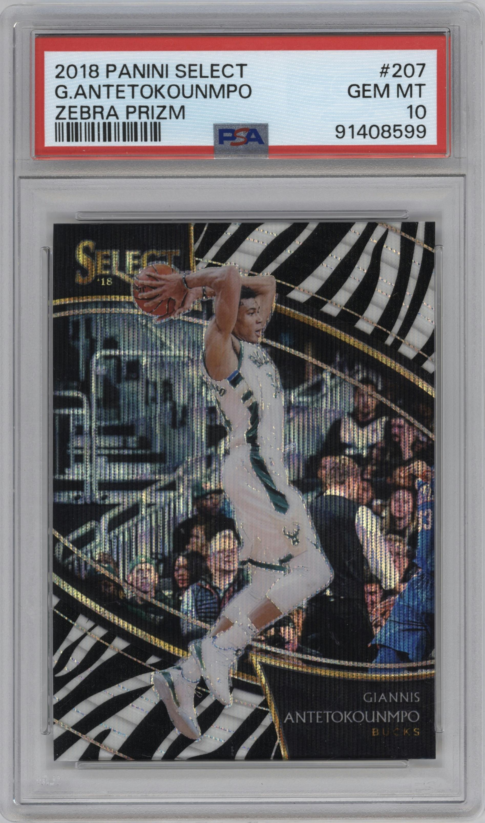 Giannis Antetokounmpo from the 2018-19 Panini Select  set featuring a Zebra parallel graded by PSA and given an overall grade of 10.