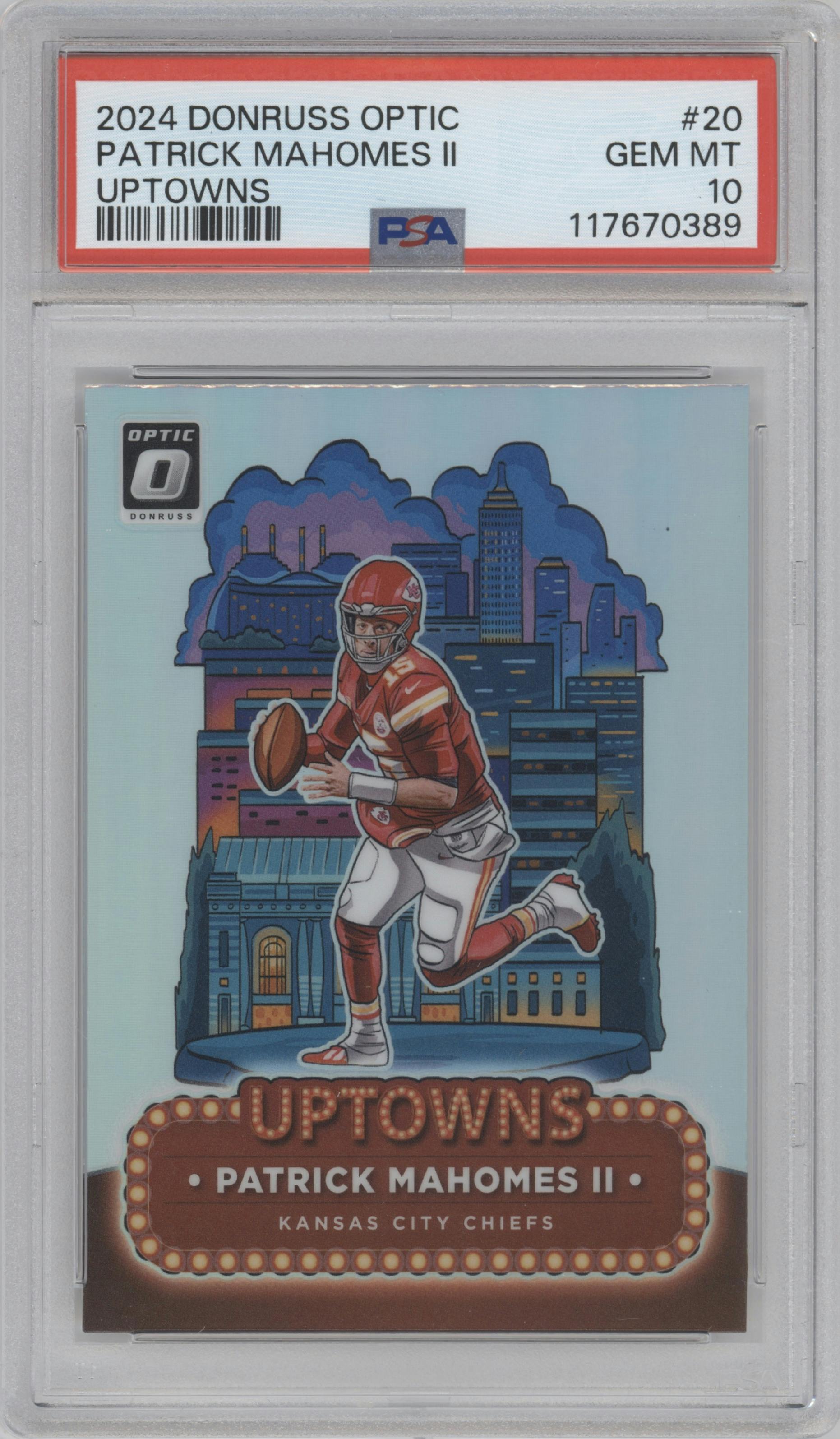 Patrick Mahomes II from the 2024 Donruss Optic set graded by PSA and given an overall grade of 10.