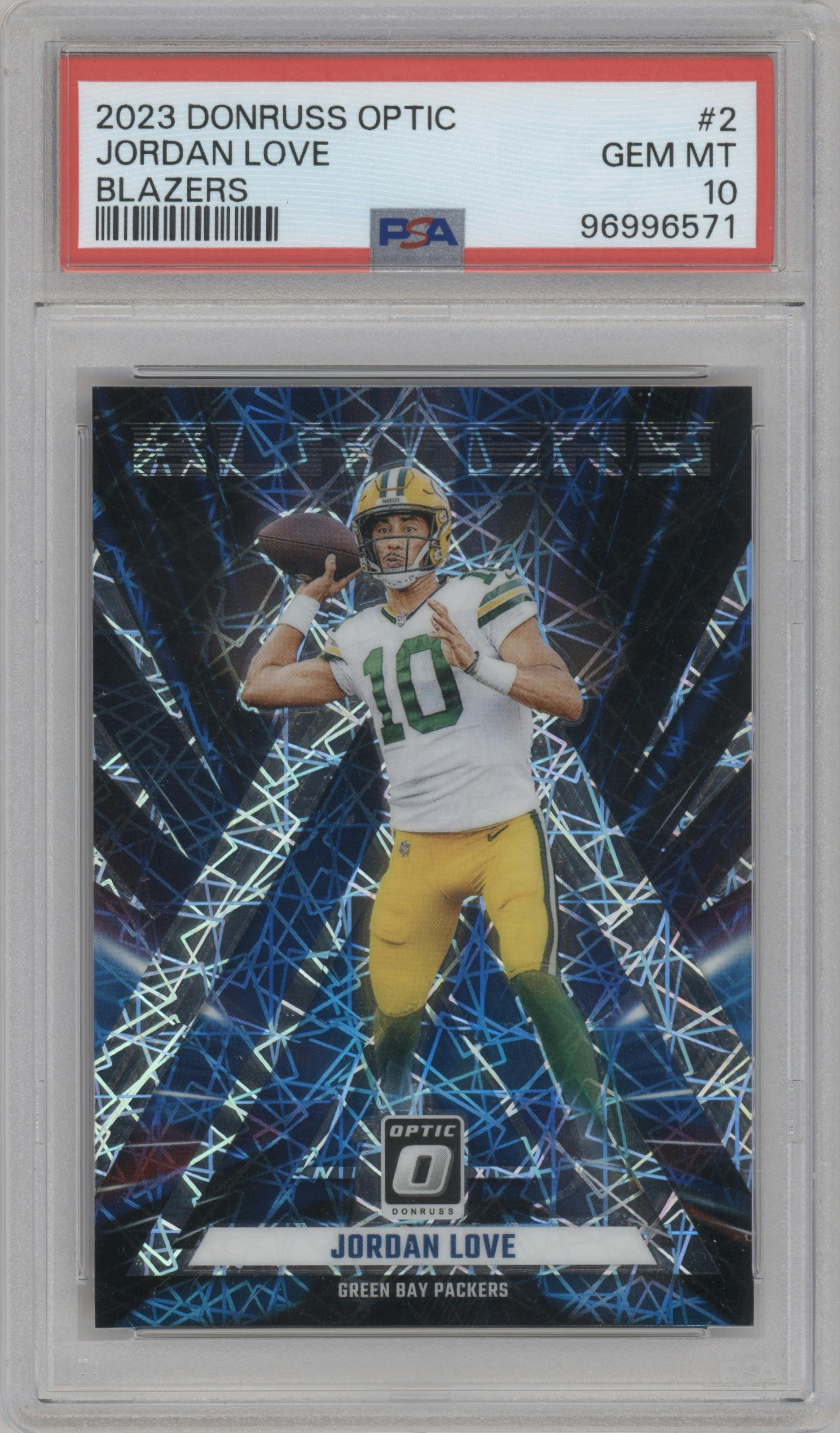Jordan Love from the 2023 Donruss Optic set graded by PSA and given an overall grade of 10.
