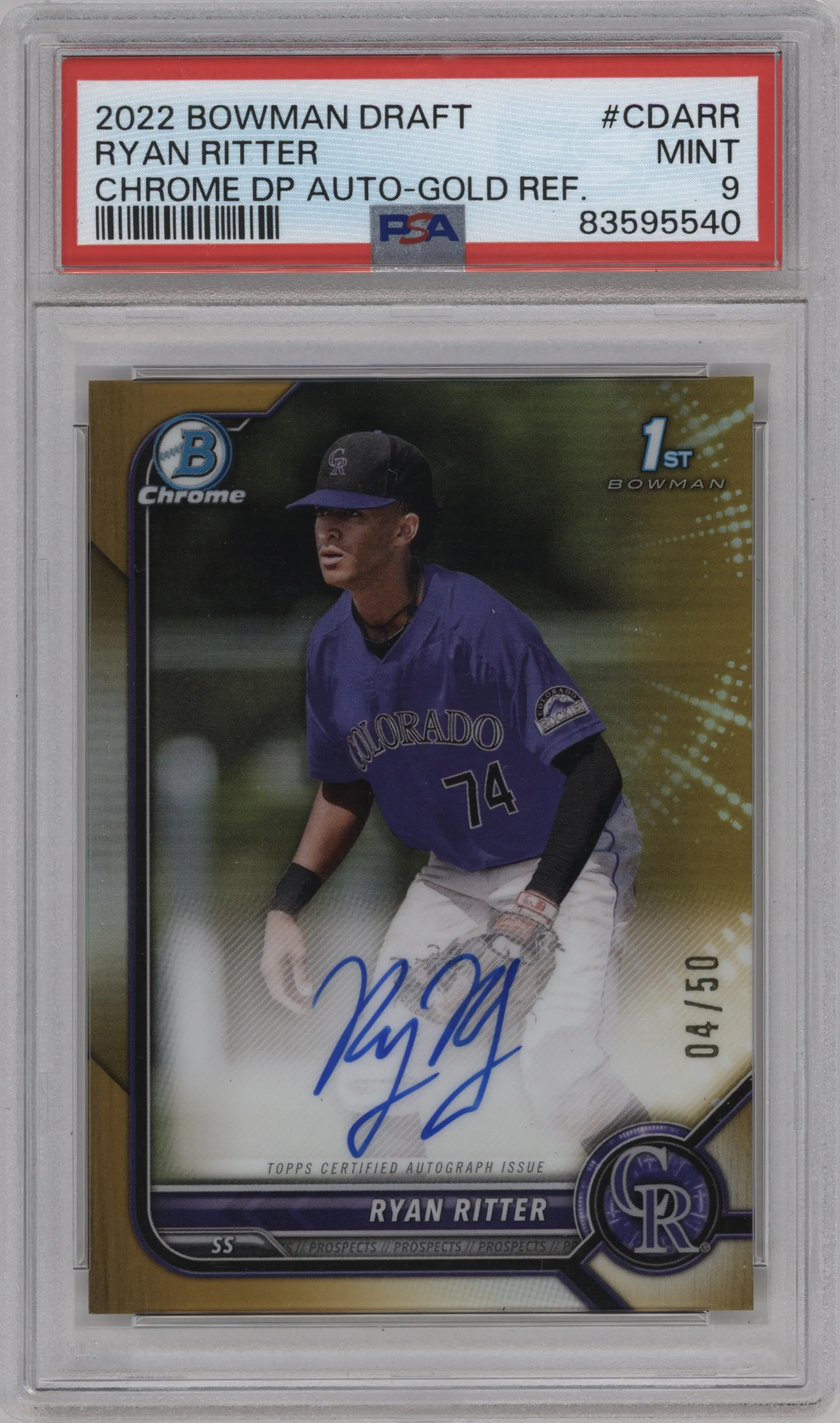 2022 Bowman Draft Chr.DP Auto Ryan Ritter Gold Refractor #CDA-RR PSA 9
