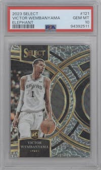 Victor Wembanyama from the 2023-24 Panini Select  set featuring a Elephant parallel graded by PSA and given an overall grade of 10.