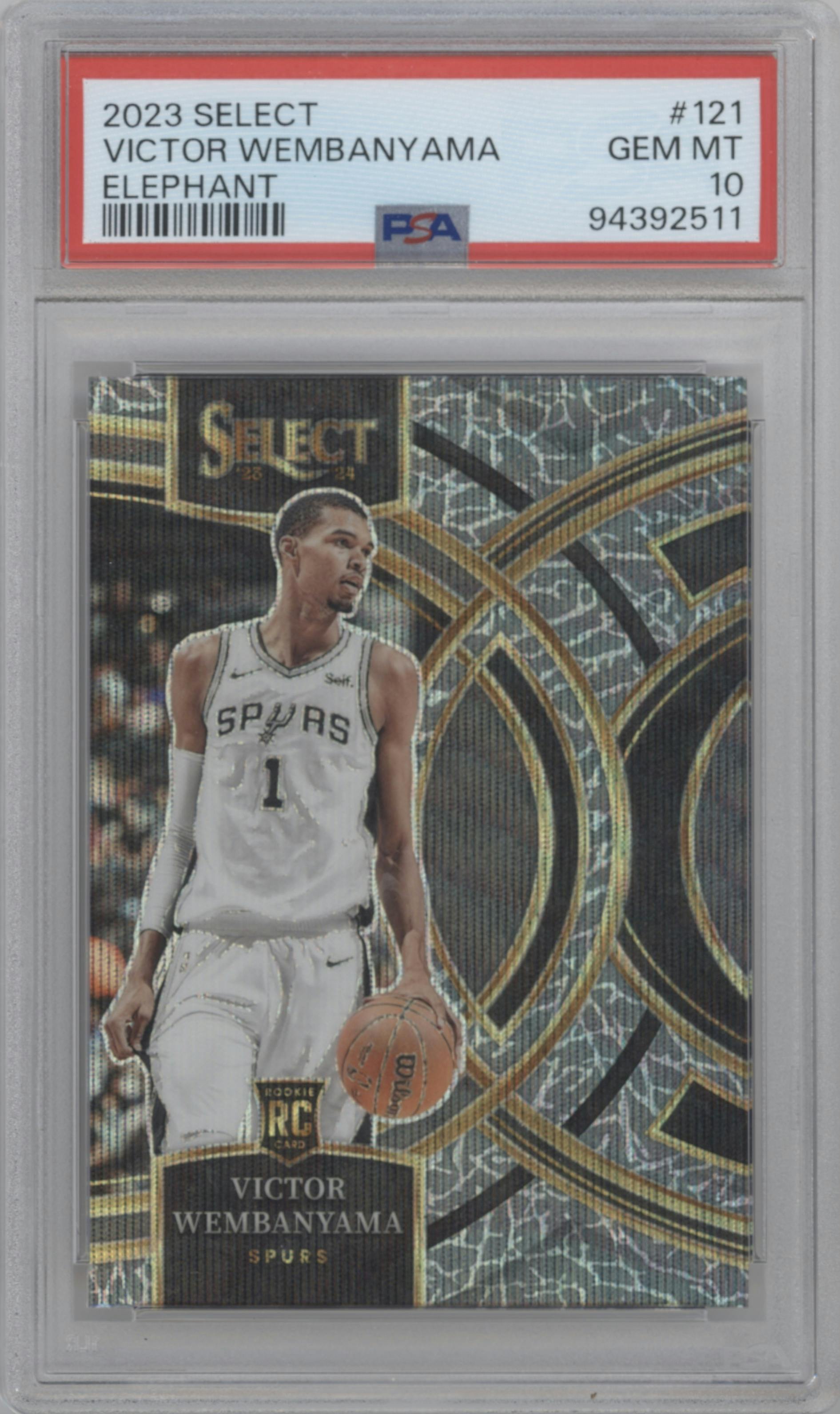 Victor Wembanyama from the 2023-24 Panini Select  set featuring a Elephant parallel graded by PSA and given an overall grade of 10.